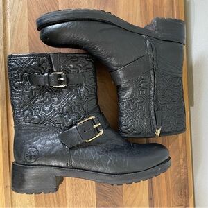 Tory Burch Chrystie Black Leather Quilted Buckle Ankle Boots Moto Style Luxe
